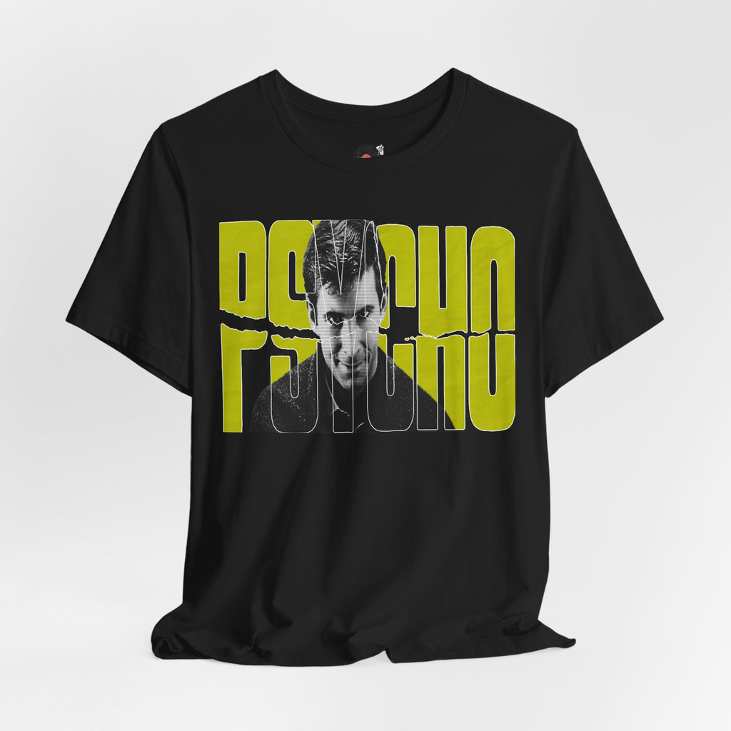 Psycho Norman Bates Portrait Graphic T-Shirt | Alfred Hitchcock Movie Yellow Block Lettering