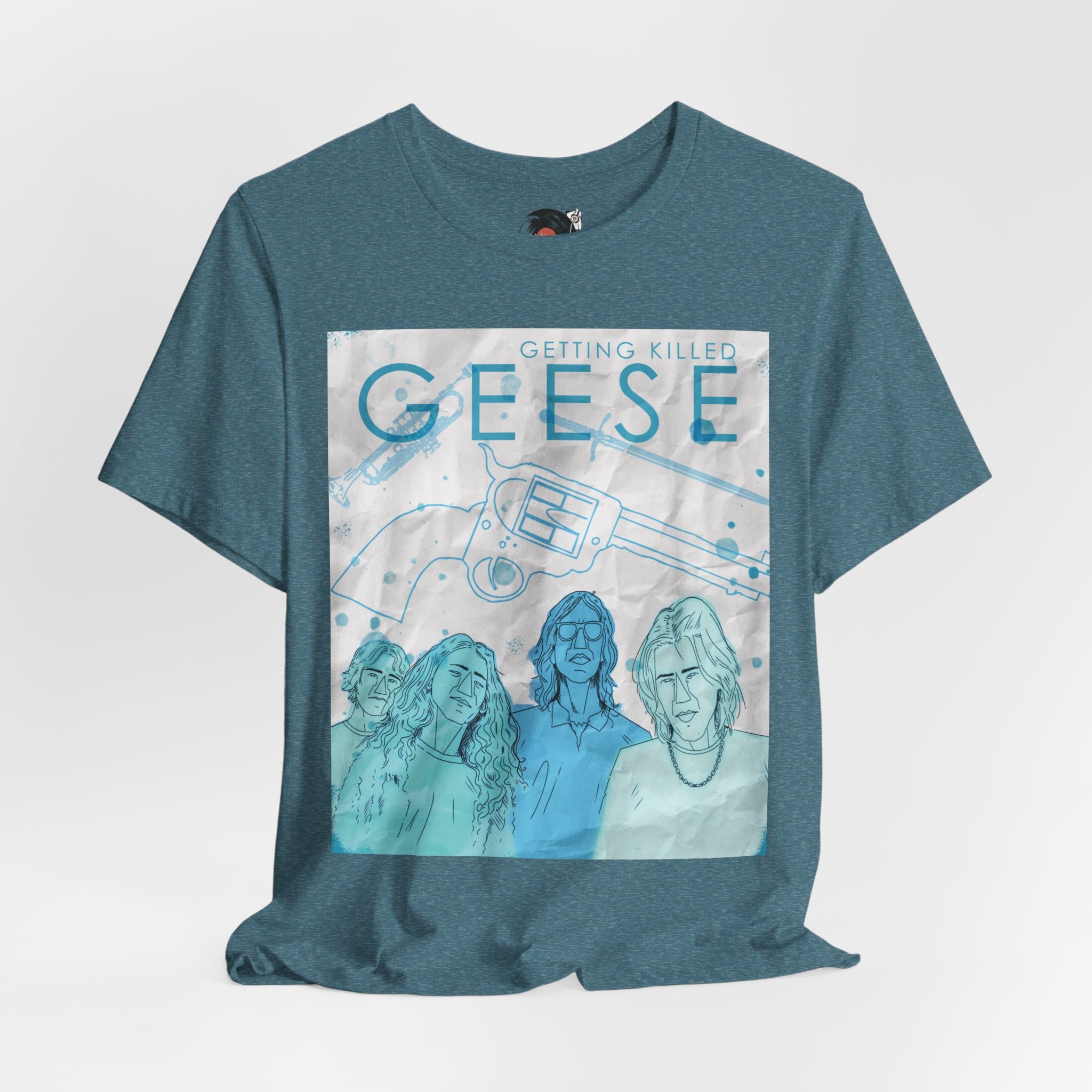 Getting Killed Geese band art T-Shirt | Retro portrait, blue line illustration