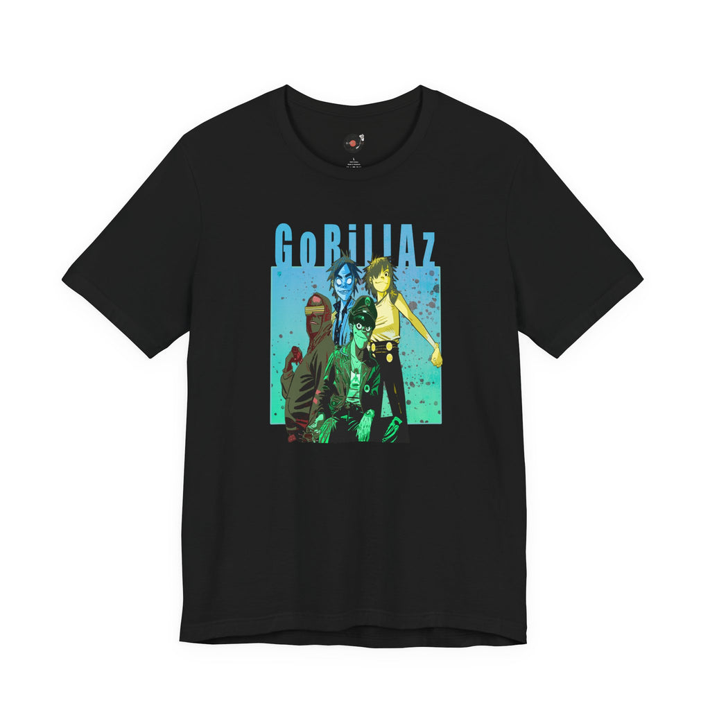 Gorillaz Band Artwork Tee | Animated Band Portrait, Retro Blue-Green Design
