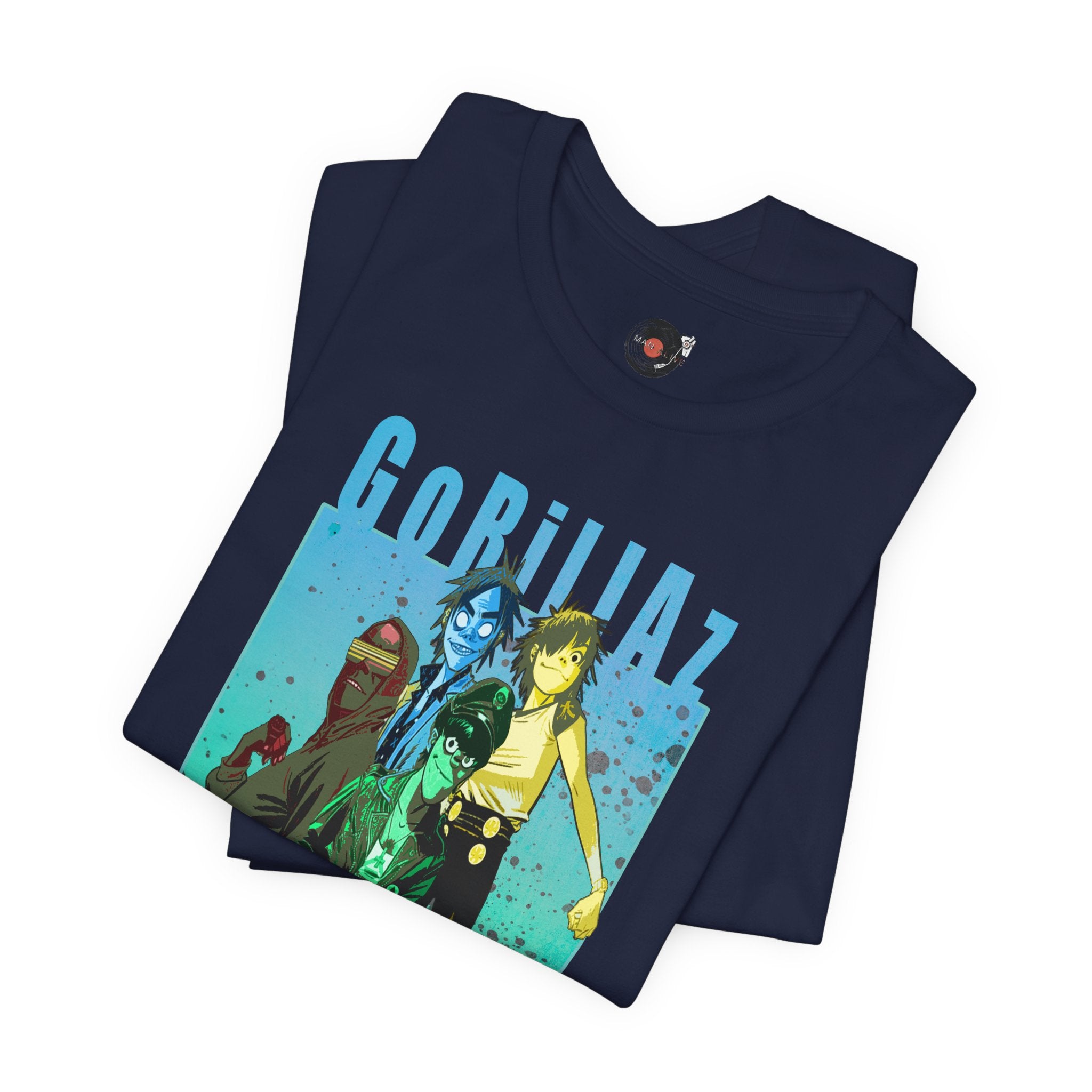 Gorillaz Band Artwork Tee | Animated Band Portrait, Retro Blue-Green Design