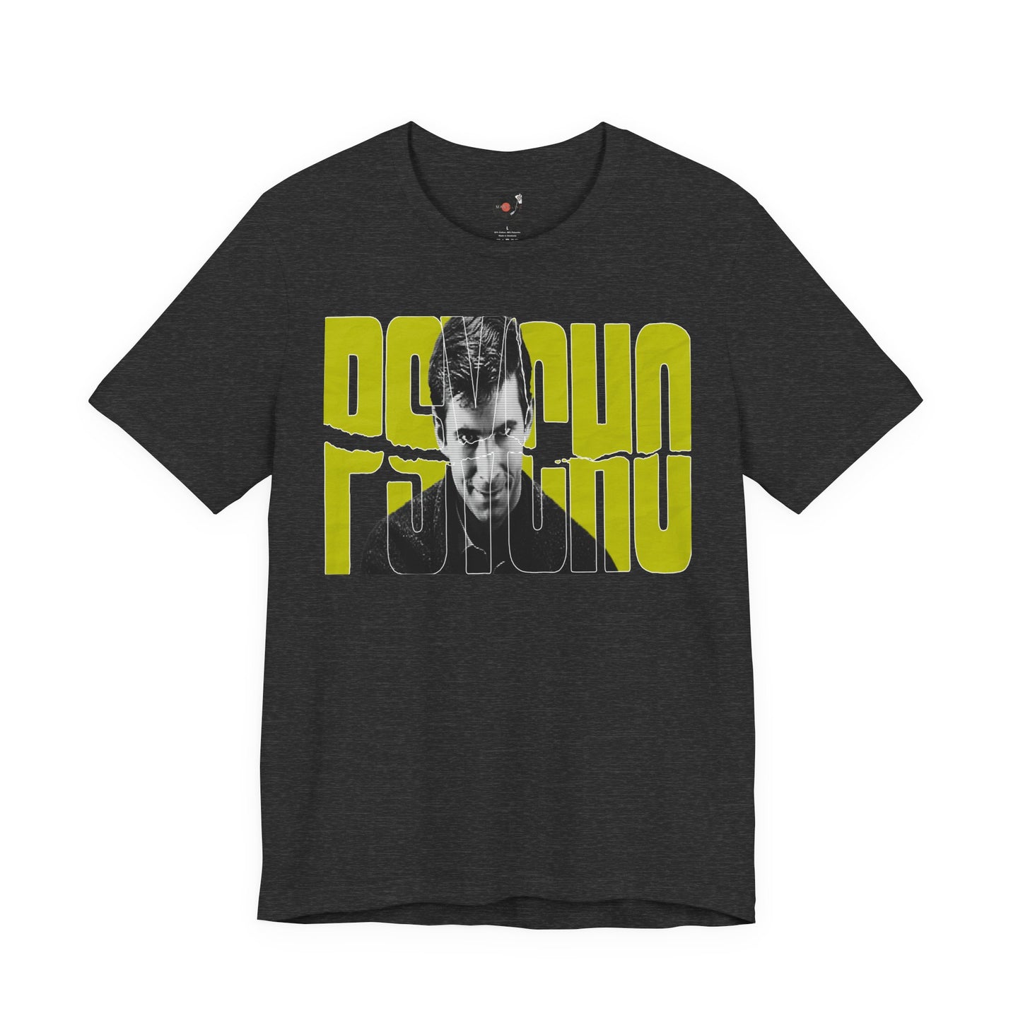 Psycho Norman Bates Portrait Graphic T-Shirt | Alfred Hitchcock Movie Yellow Block Lettering