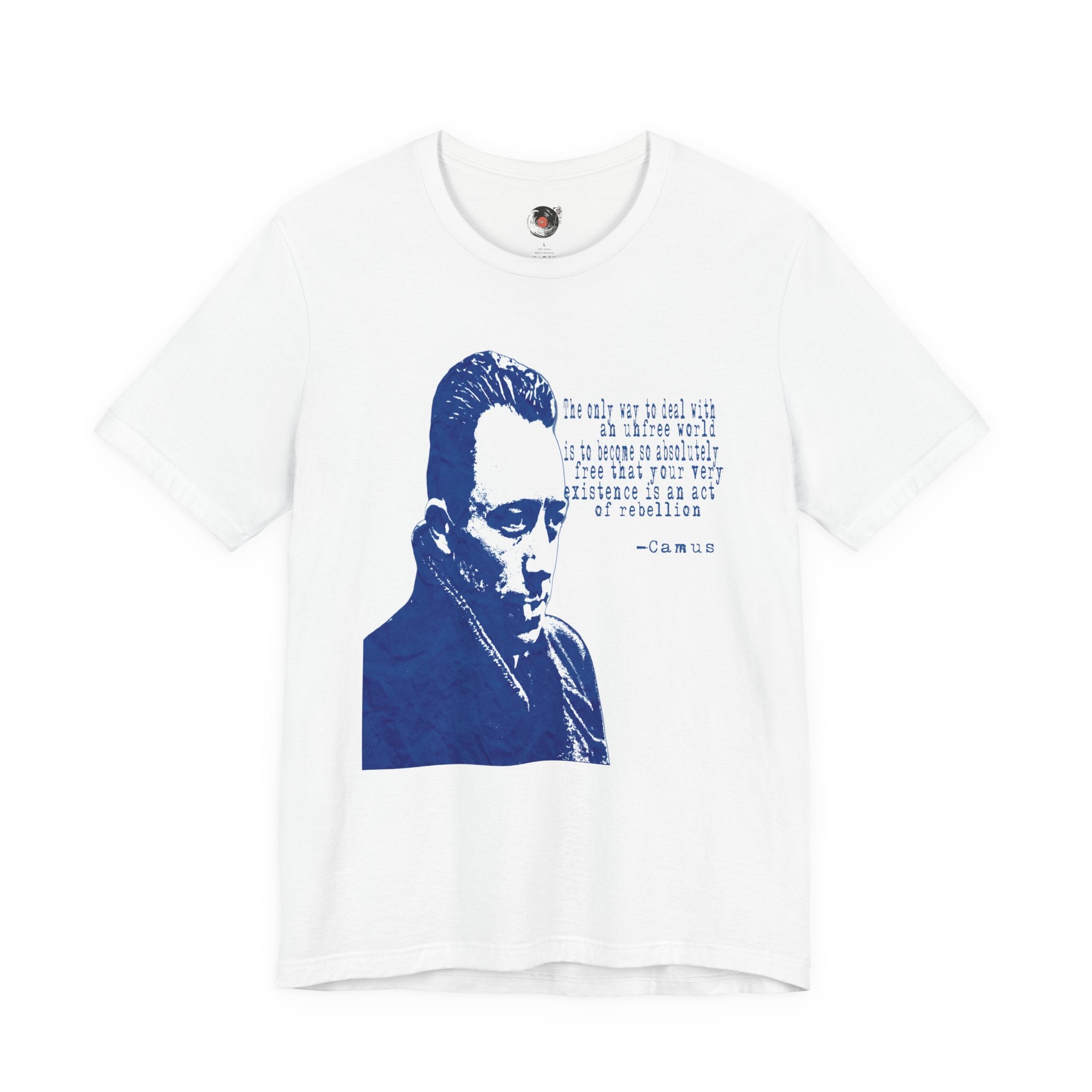 Albert Camus Philosopher Portrait Quote T-Shirt | Blue Graphic Tee
