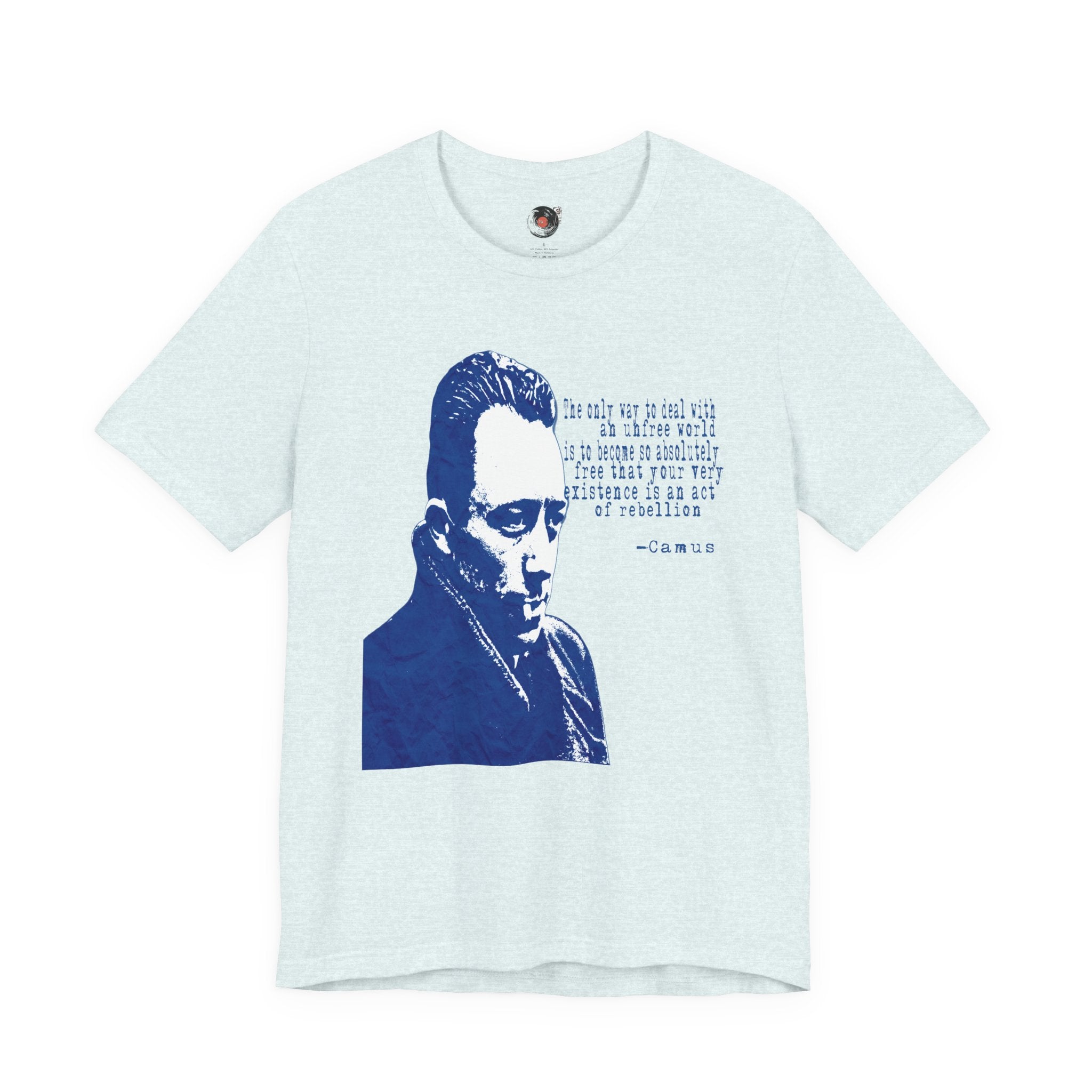 Albert Camus Philosopher Portrait Quote T-Shirt | Blue Graphic Tee