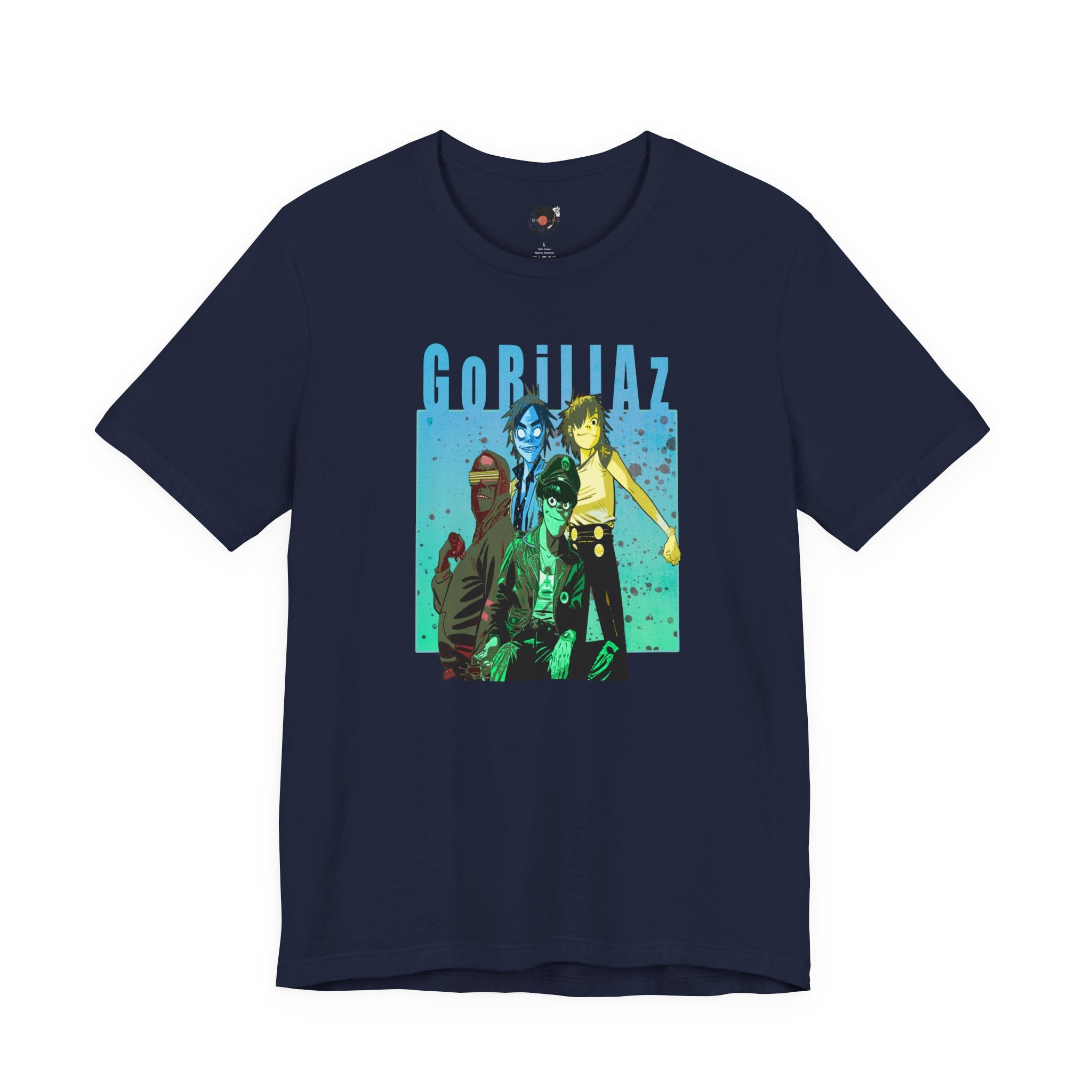 Gorillaz Band Artwork Tee | Animated Band Portrait, Retro Blue-Green Design