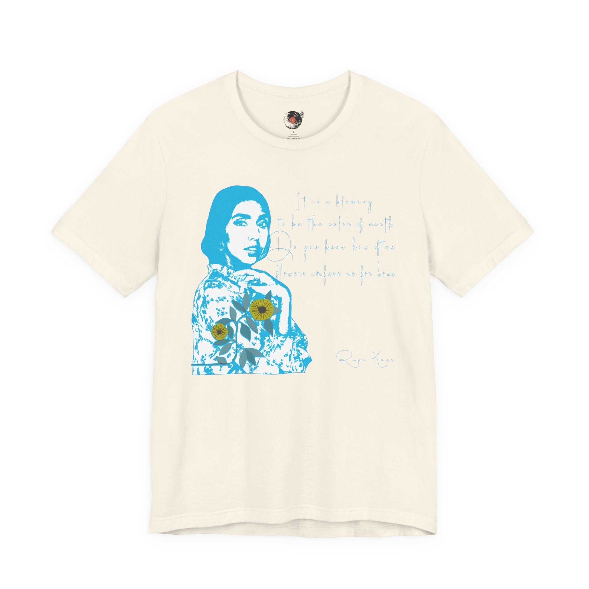 Rupi Kaur Blue Portrait with Sunflowers T-Shirt | Retro Pop Art PoetryTee