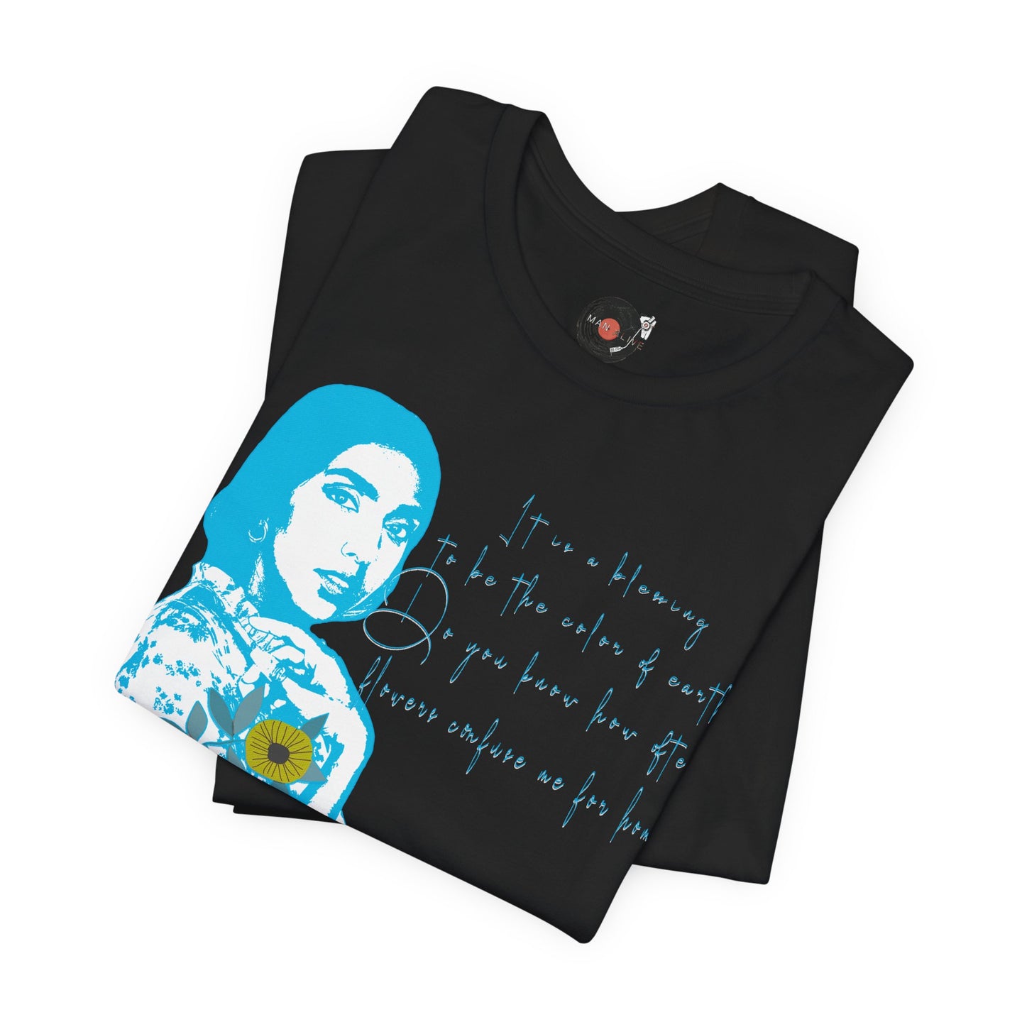 Rupi Kaur Blue Portrait with Sunflowers T-Shirt | Retro Pop Art PoetryTee