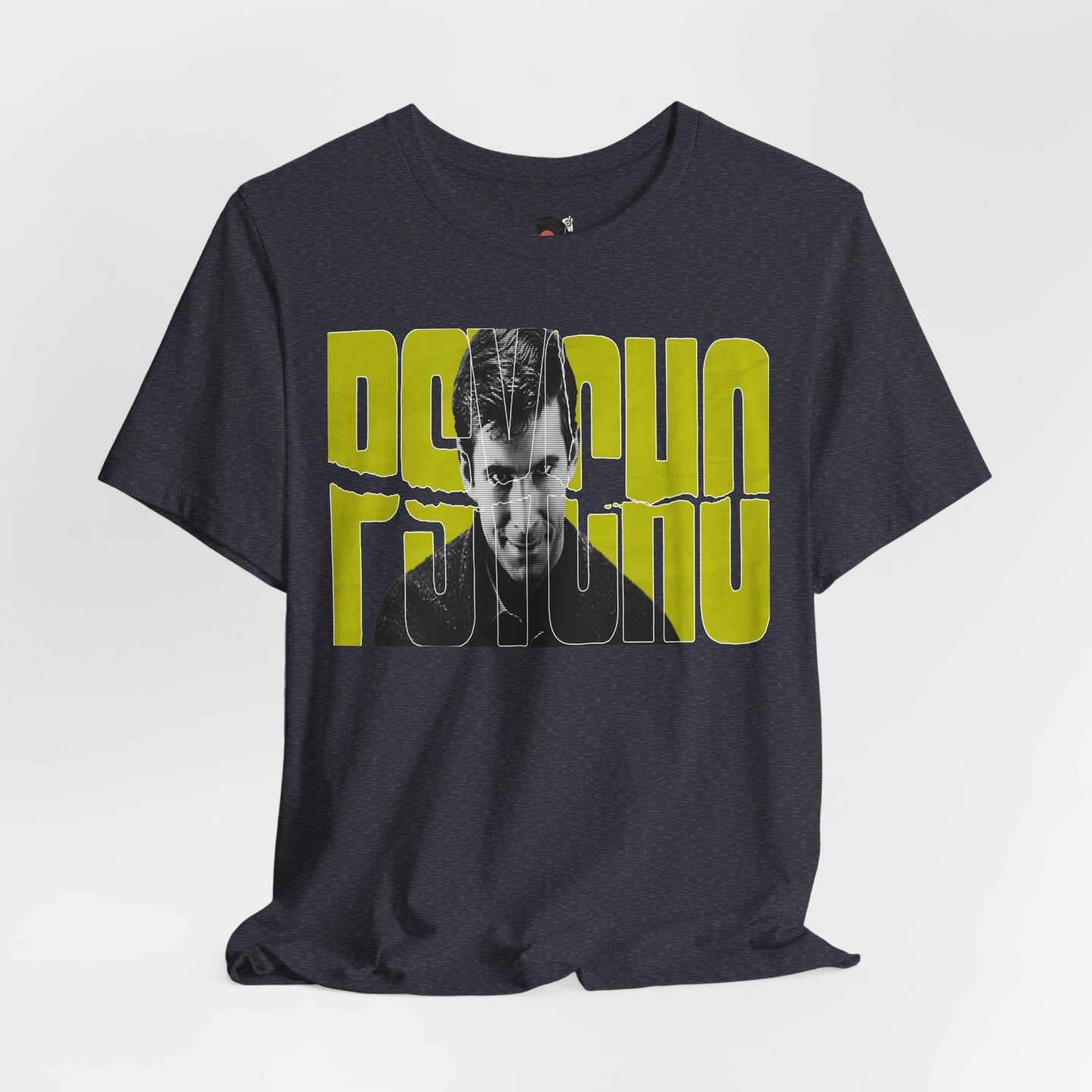 Psycho Norman Bates Portrait Graphic T-Shirt | Alfred Hitchcock Movie Yellow Block Lettering