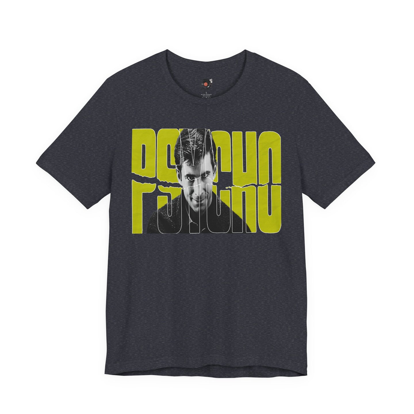 Psycho Norman Bates Portrait Graphic T-Shirt | Alfred Hitchcock Movie Yellow Block Lettering