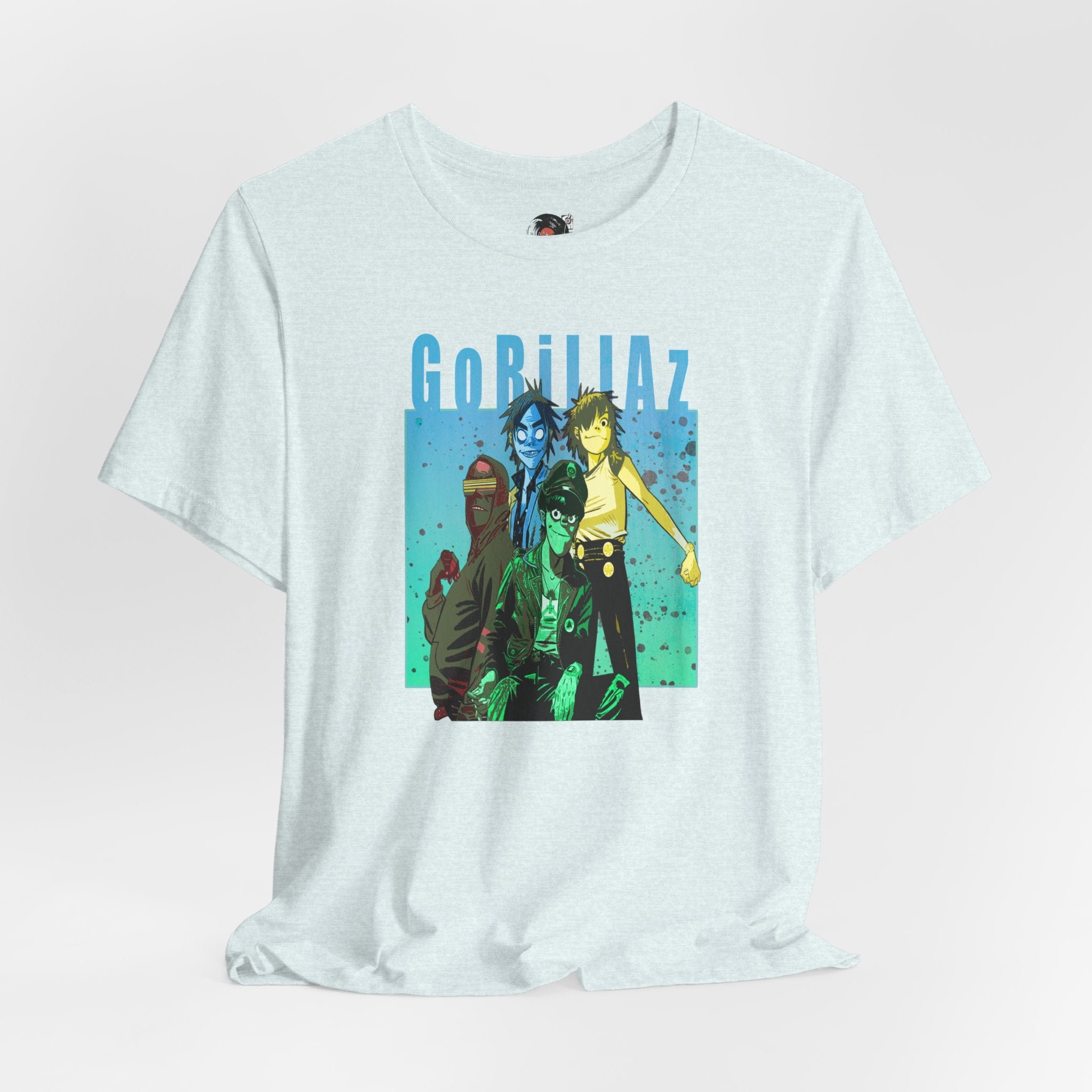 Gorillaz Band Artwork Tee | Animated Band Portrait, Retro Blue-Green Design