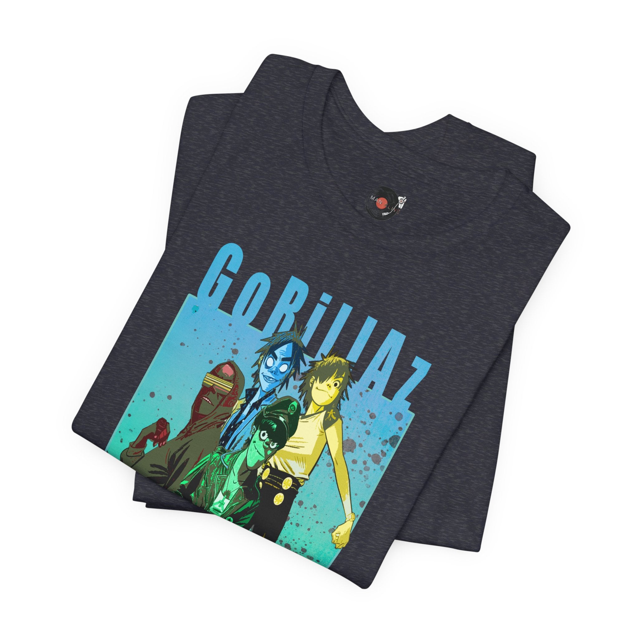 Gorillaz Band Artwork Tee | Animated Band Portrait, Retro Blue-Green Design