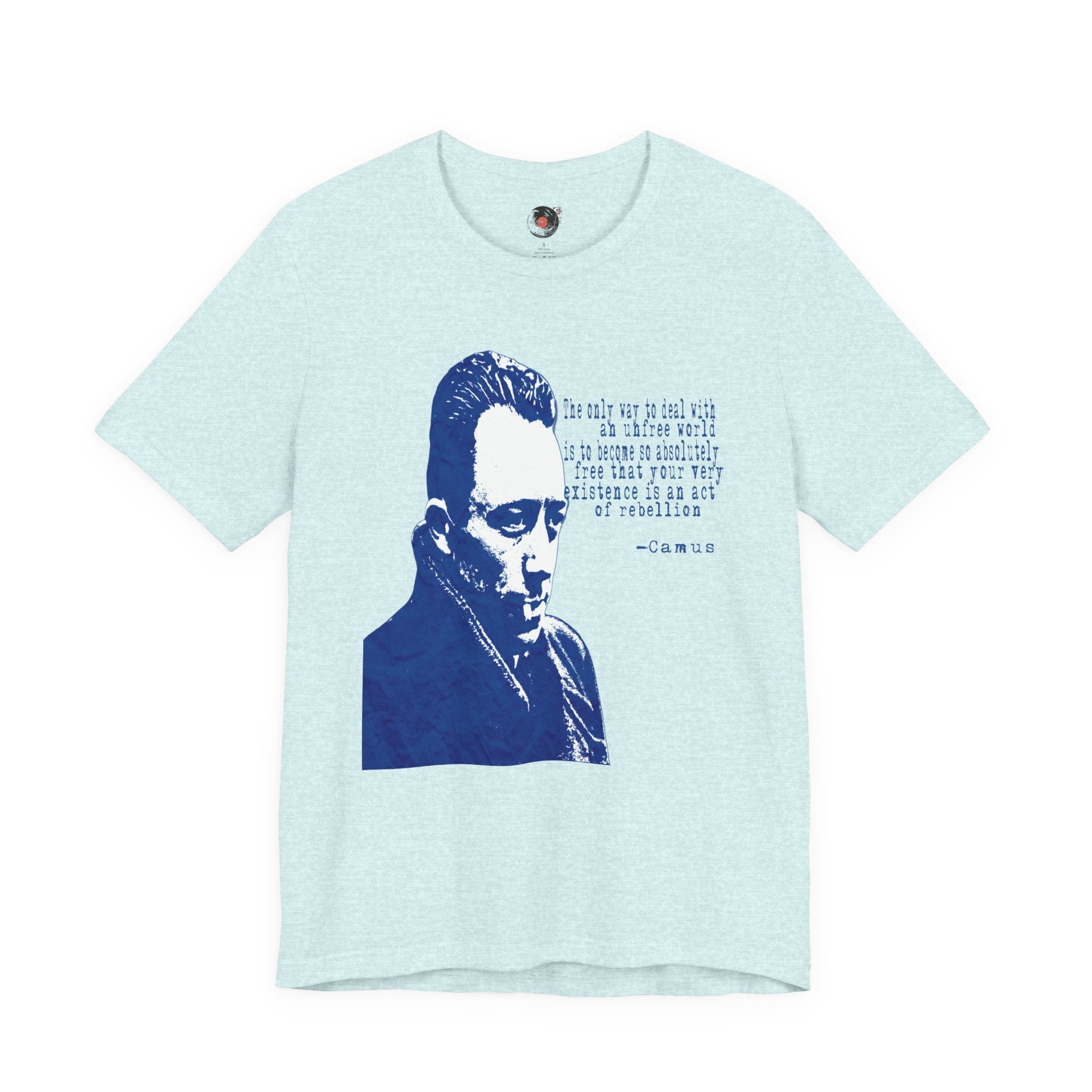 Albert Camus Philosopher Portrait Quote T-Shirt | Blue Graphic Tee