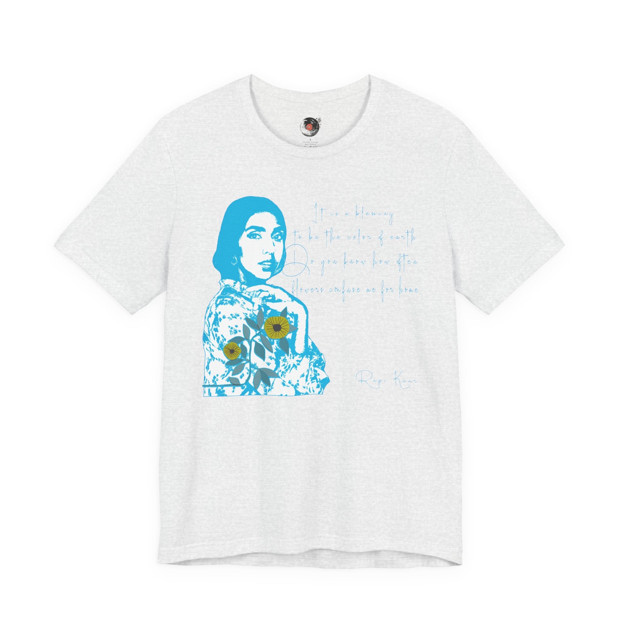 Rupi Kaur Blue Portrait with Sunflowers T-Shirt | Retro Pop Art PoetryTee