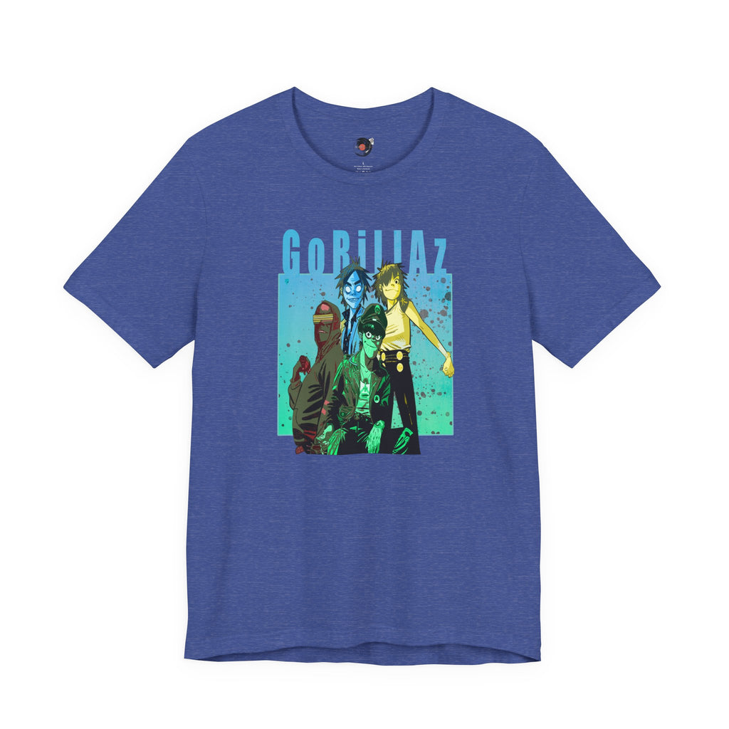 Gorillaz Band Artwork Tee | Animated Band Portrait, Retro Blue-Green Design