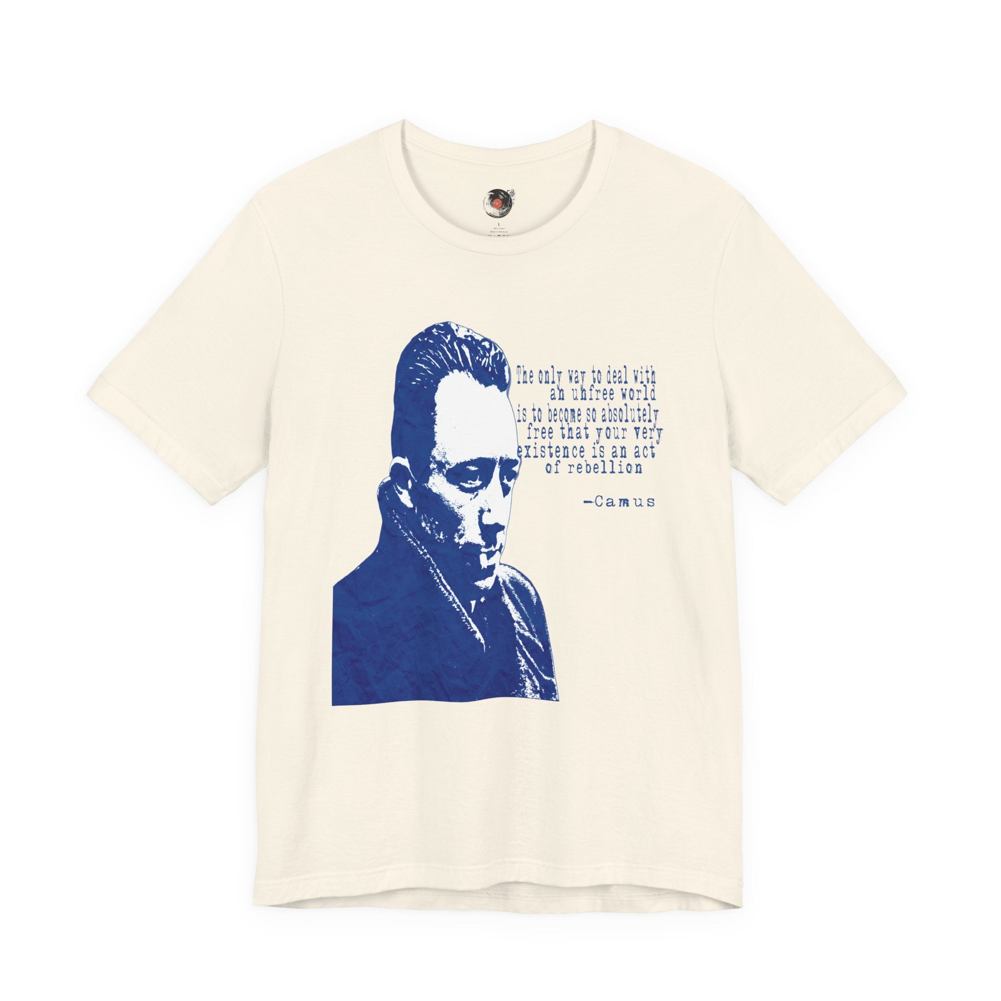 Albert Camus Philosopher Portrait Quote T-Shirt | Blue Graphic Tee