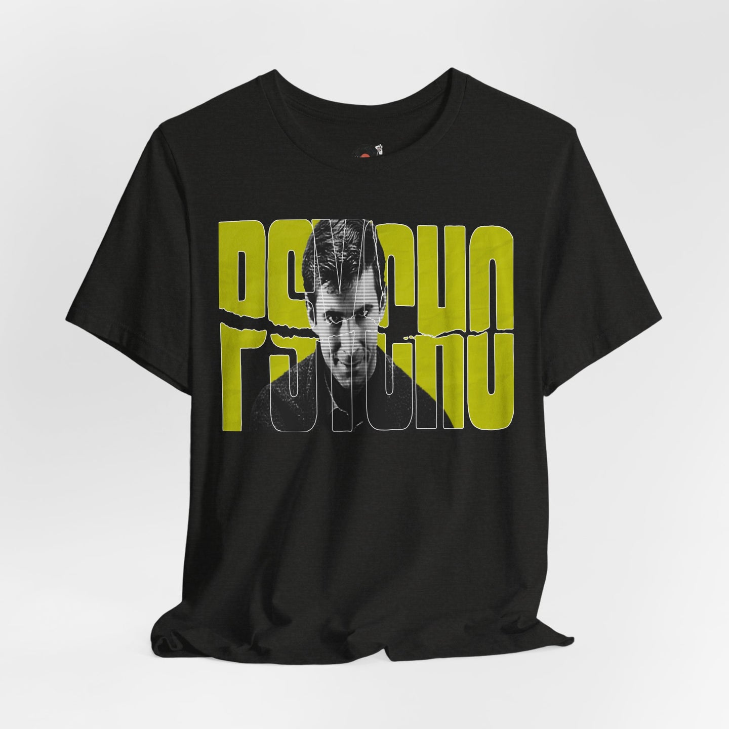 Psycho Norman Bates Portrait Graphic T-Shirt | Alfred Hitchcock Movie Yellow Block Lettering