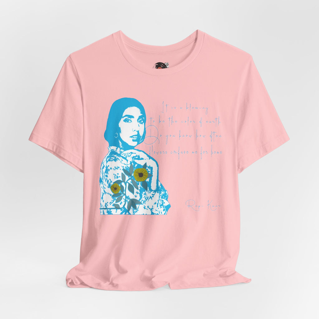 Rupi Kaur Blue Portrait with Sunflowers T-Shirt | Retro Pop Art PoetryTee