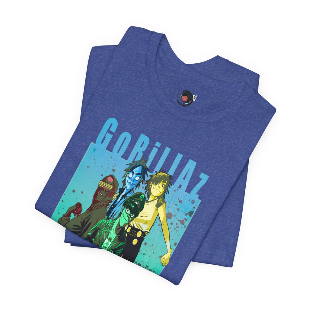 Gorillaz Band Artwork Tee | Animated Band Portrait, Retro Blue-Green Design