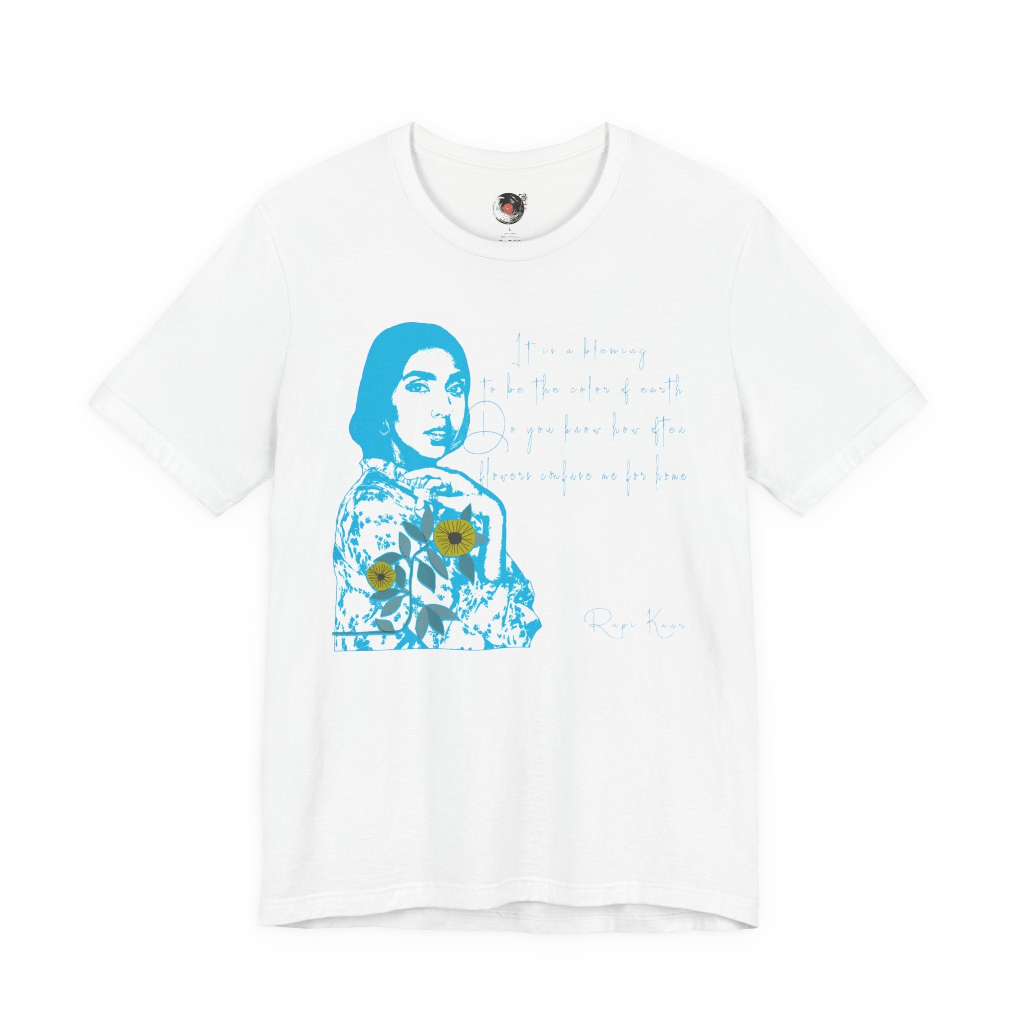 Rupi Kaur Blue Portrait with Sunflowers T-Shirt | Retro Pop Art PoetryTee