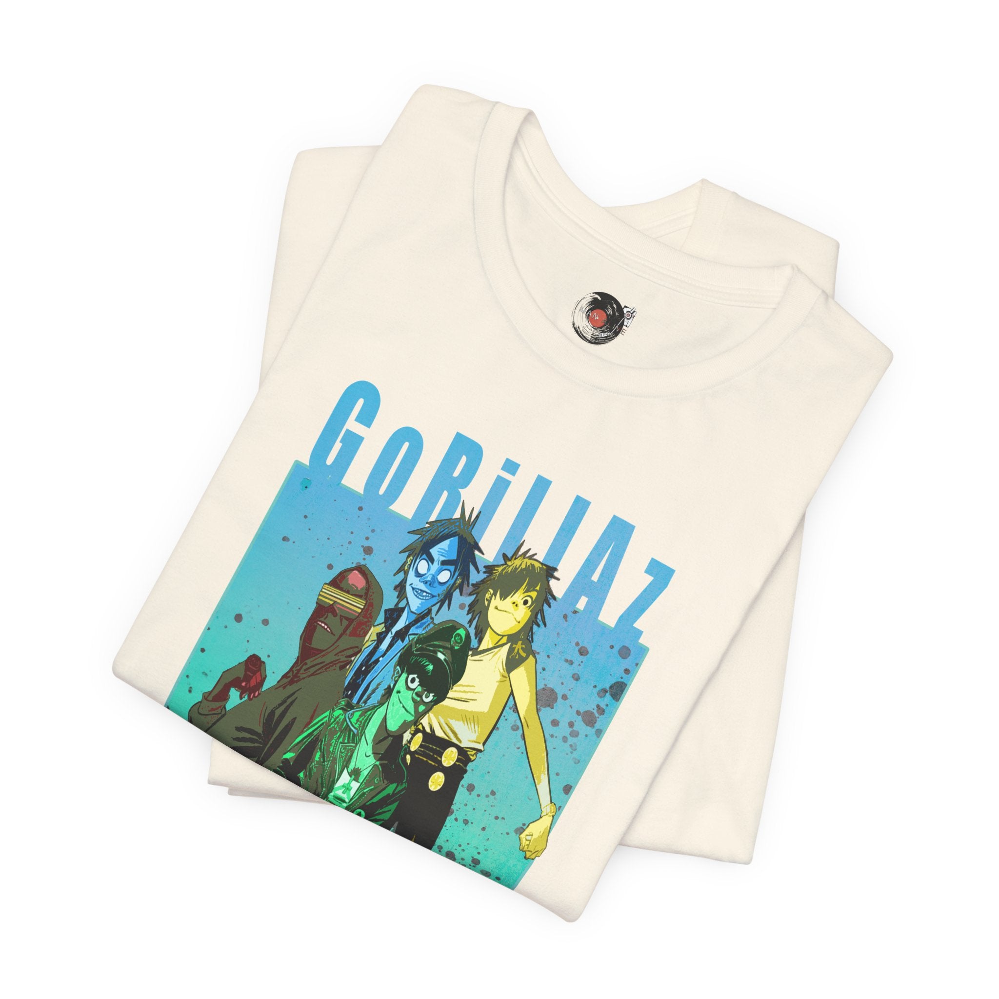 Gorillaz Band Artwork Tee | Animated Band Portrait, Retro Blue-Green Design