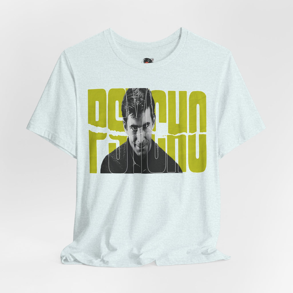 Psycho Norman Bates Portrait Graphic T-Shirt | Alfred Hitchcock Movie Yellow Block Lettering