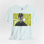Psycho Norman Bates Portrait Graphic T-Shirt | Alfred Hitchcock Movie Yellow Block Lettering