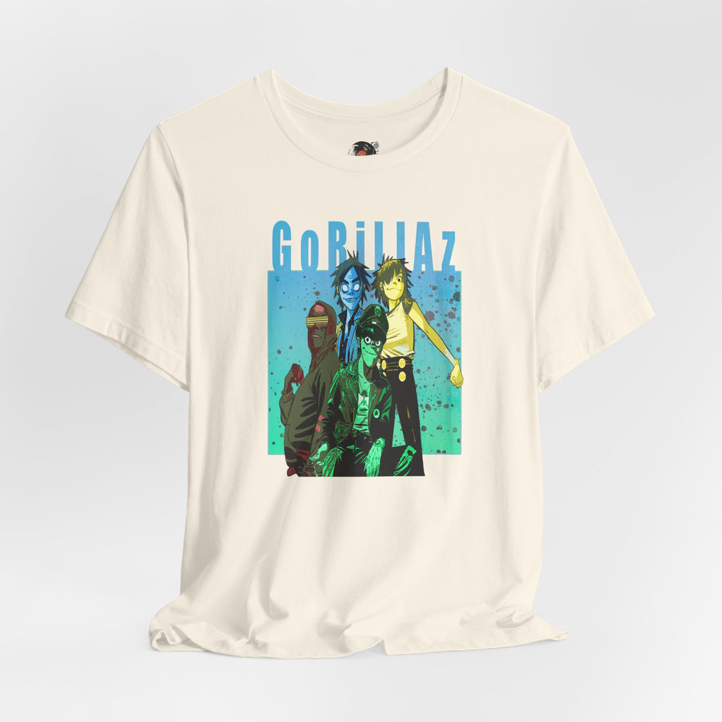 Gorillaz Band Artwork Tee | Animated Band Portrait, Retro Blue-Green Design