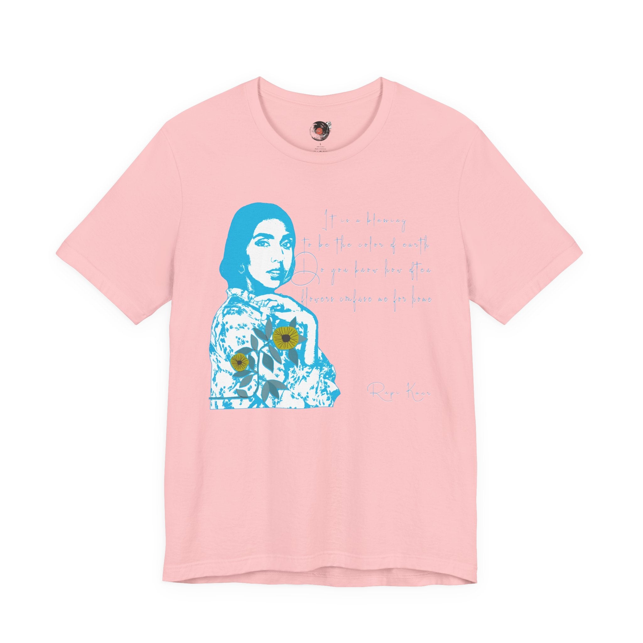 Rupi Kaur Blue Portrait with Sunflowers T-Shirt | Retro Pop Art PoetryTee