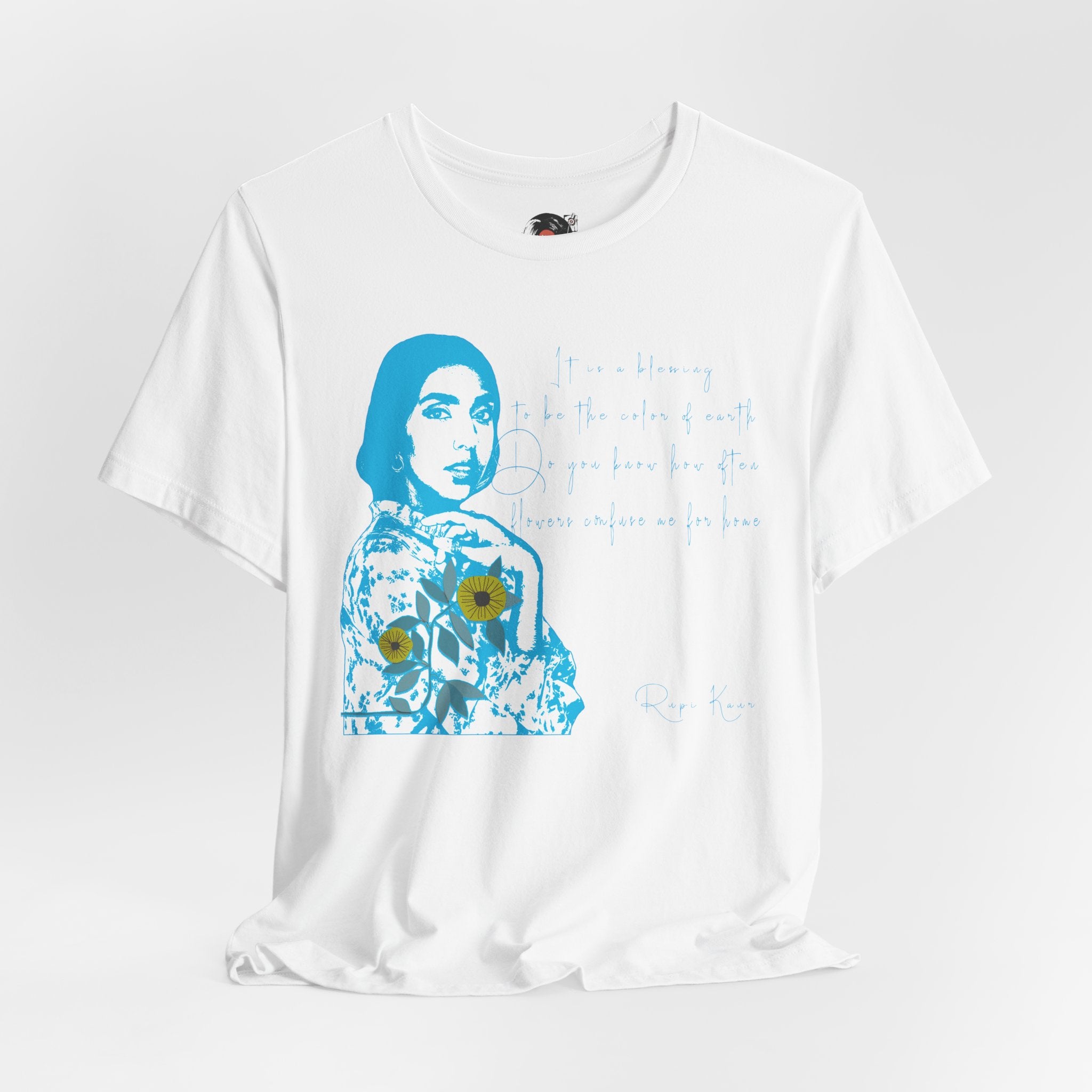 Rupi Kaur Blue Portrait with Sunflowers T-Shirt | Retro Pop Art PoetryTee