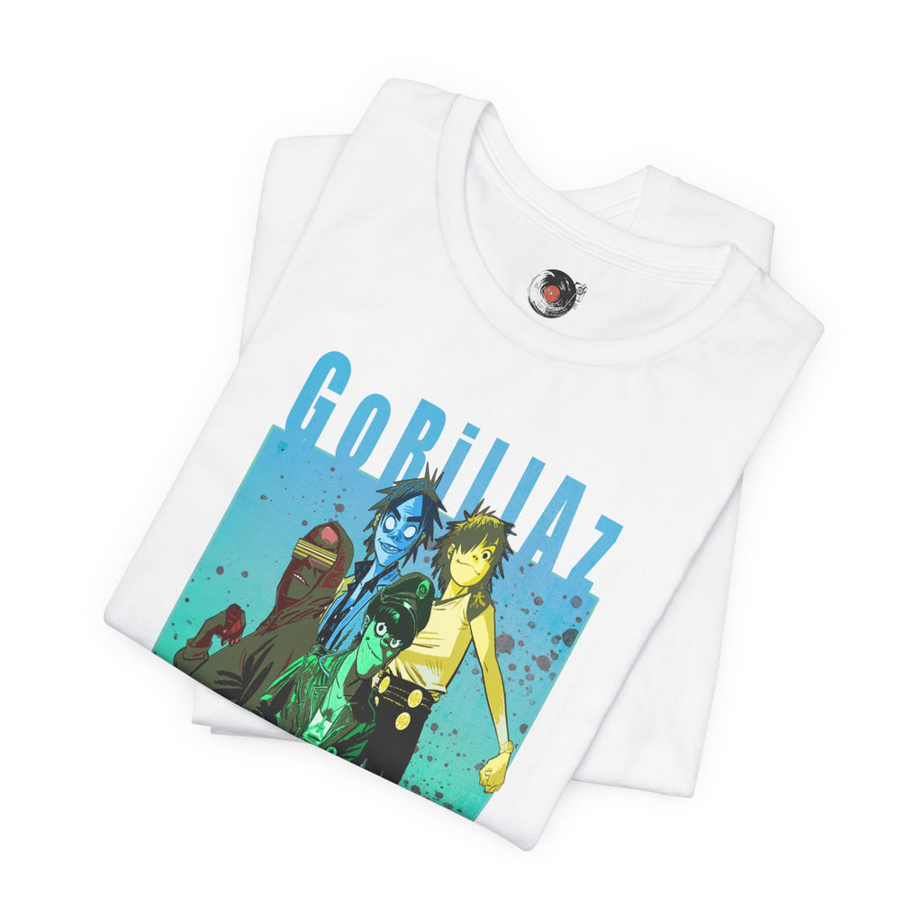 Gorillaz Band Artwork Tee | Animated Band Portrait, Retro Blue-Green Design