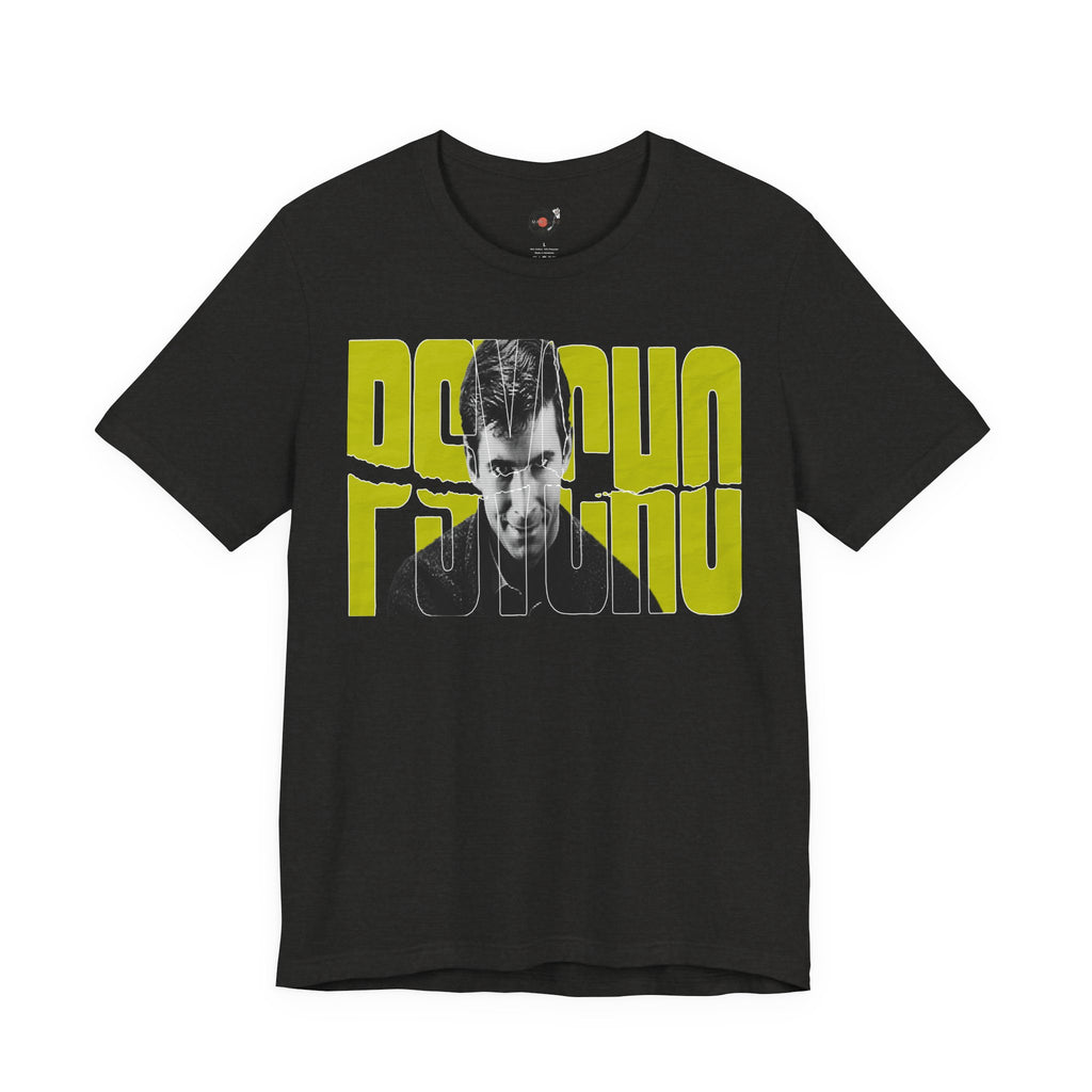 Psycho Norman Bates Portrait Graphic T-Shirt | Alfred Hitchcock Movie Yellow Block Lettering