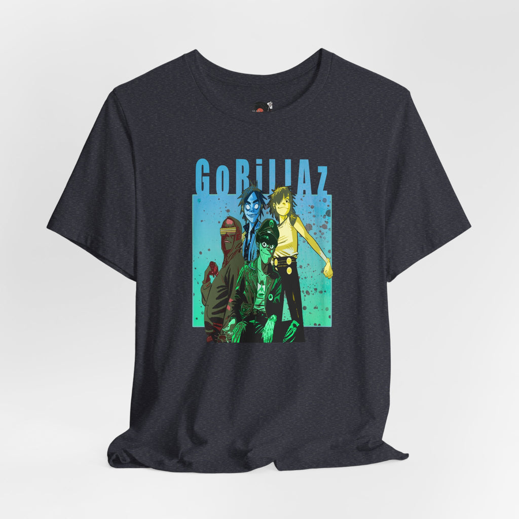 Gorillaz Band Artwork Tee | Animated Band Portrait, Retro Blue-Green Design