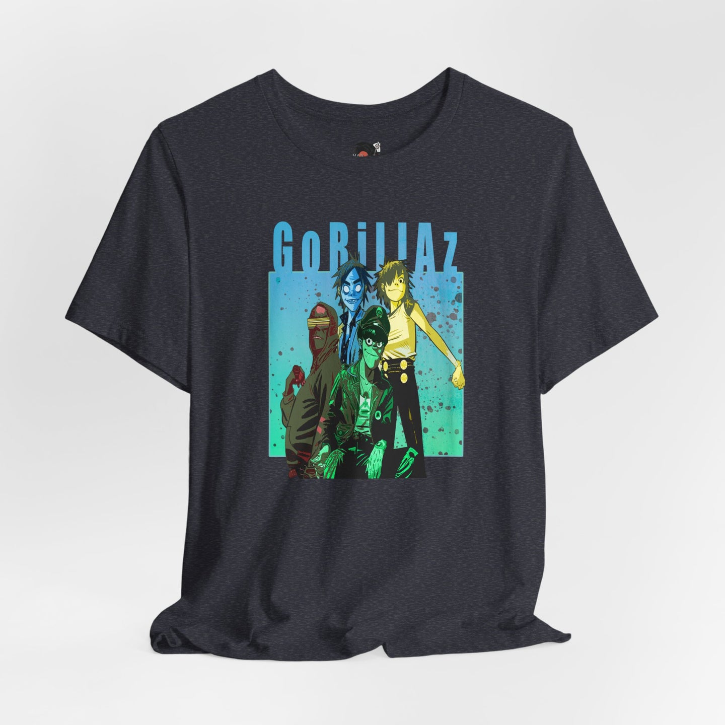 Gorillaz Band Artwork Tee | Animated Band Portrait, Retro Blue-Green Design