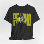 Psycho Norman Bates Portrait Graphic T-Shirt | Alfred Hitchcock Movie Yellow Block Lettering