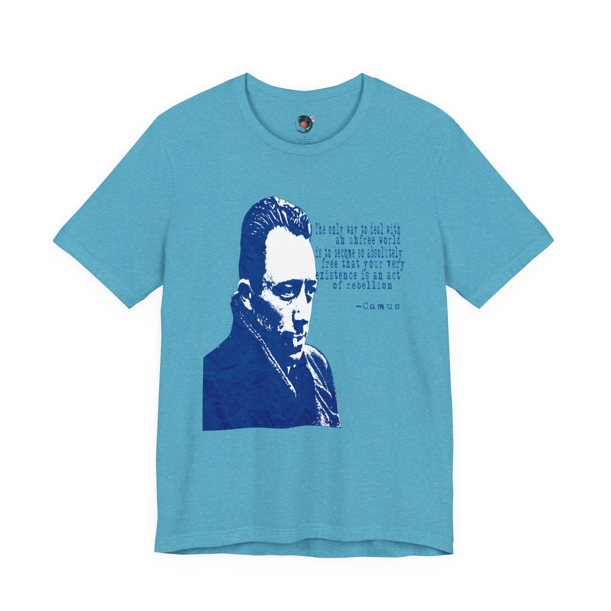 Albert Camus Philosopher Portrait Quote T-Shirt | Blue Graphic Tee
