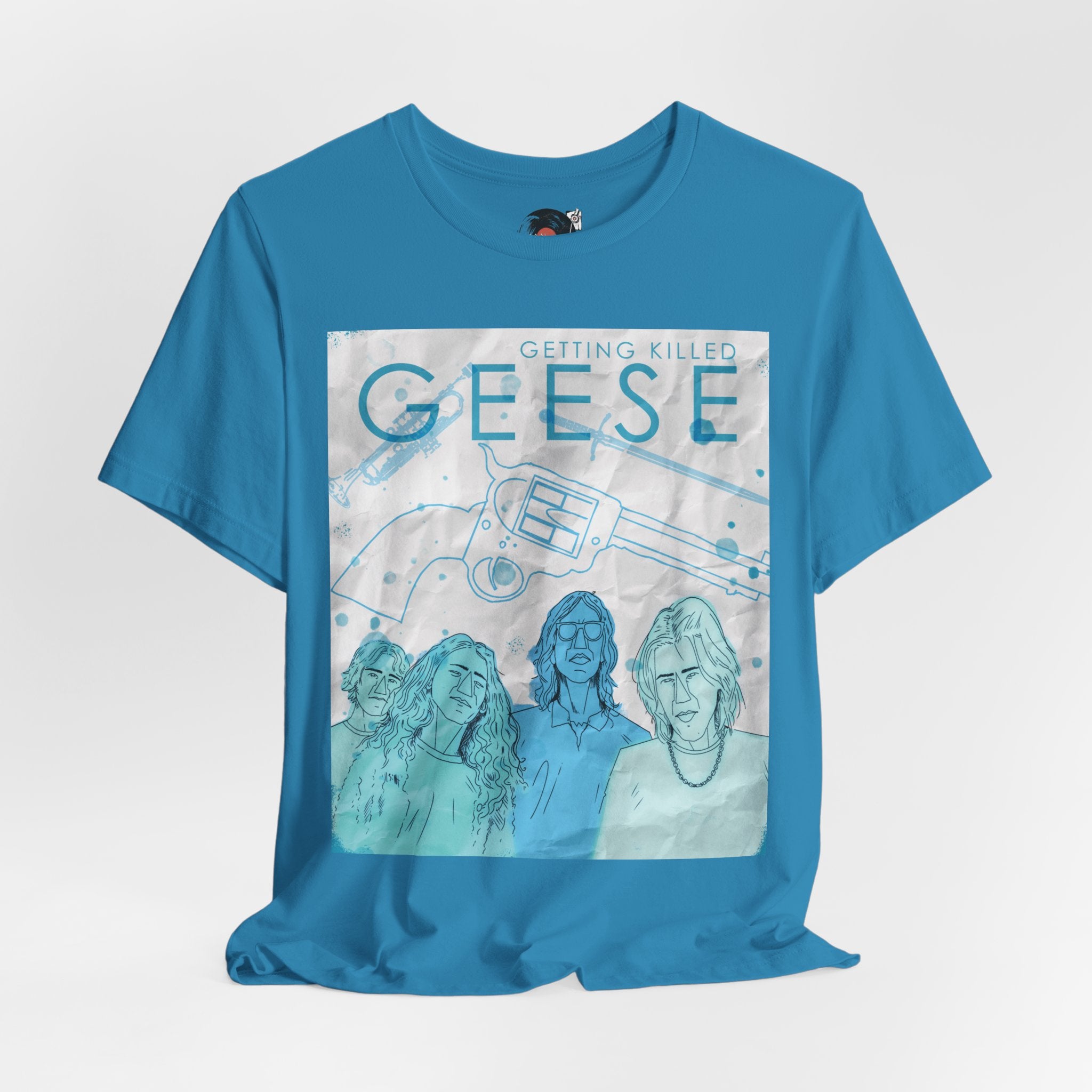 Getting Killed Geese band art T-Shirt | Retro portrait, blue line illustration