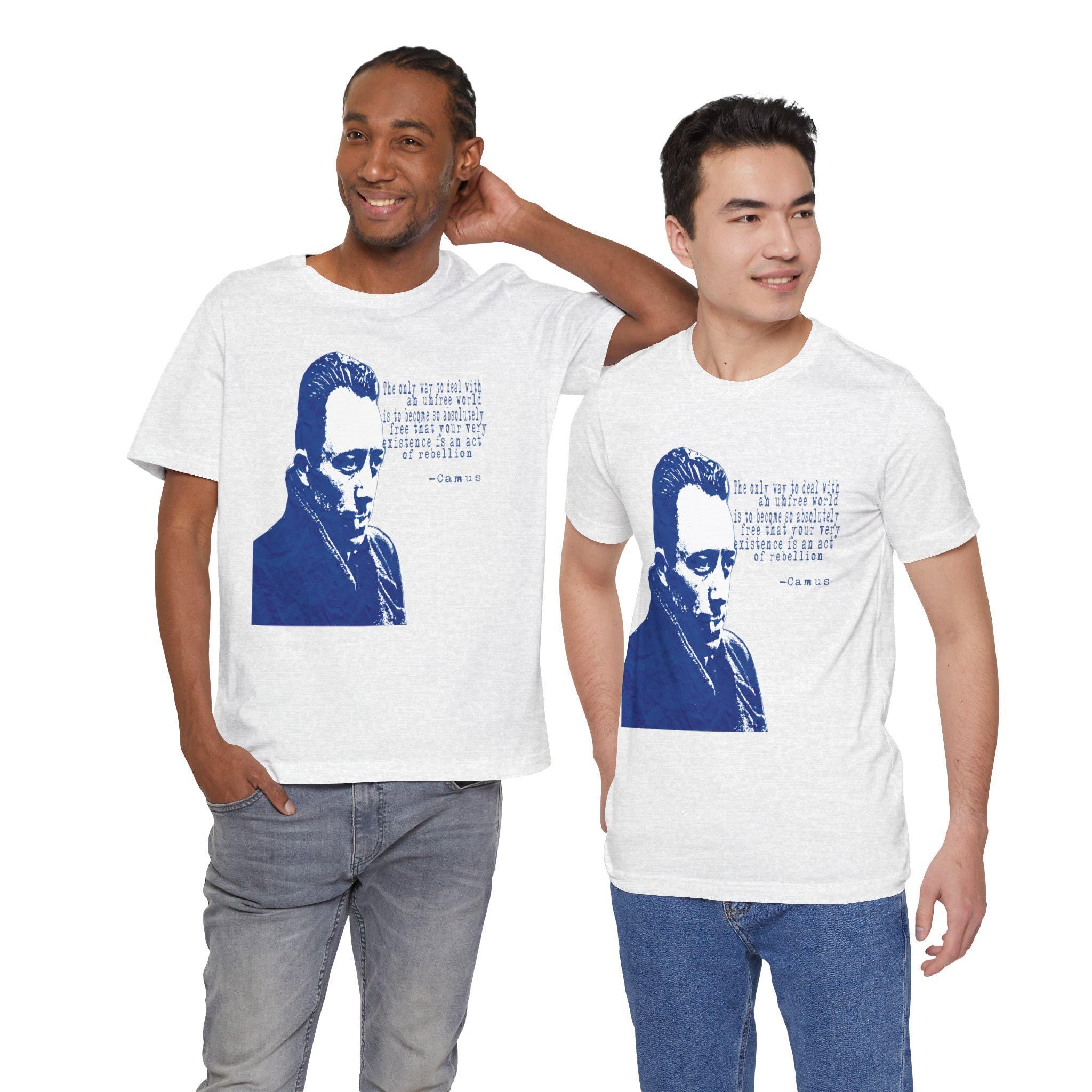 Albert Camus Philosopher Portrait Quote T-Shirt | Blue Graphic Tee