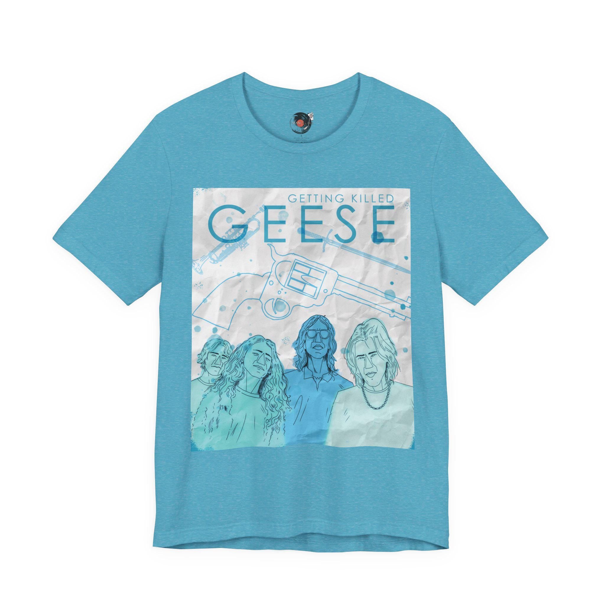 Getting Killed Geese band art T-Shirt | Retro portrait, blue line illustration