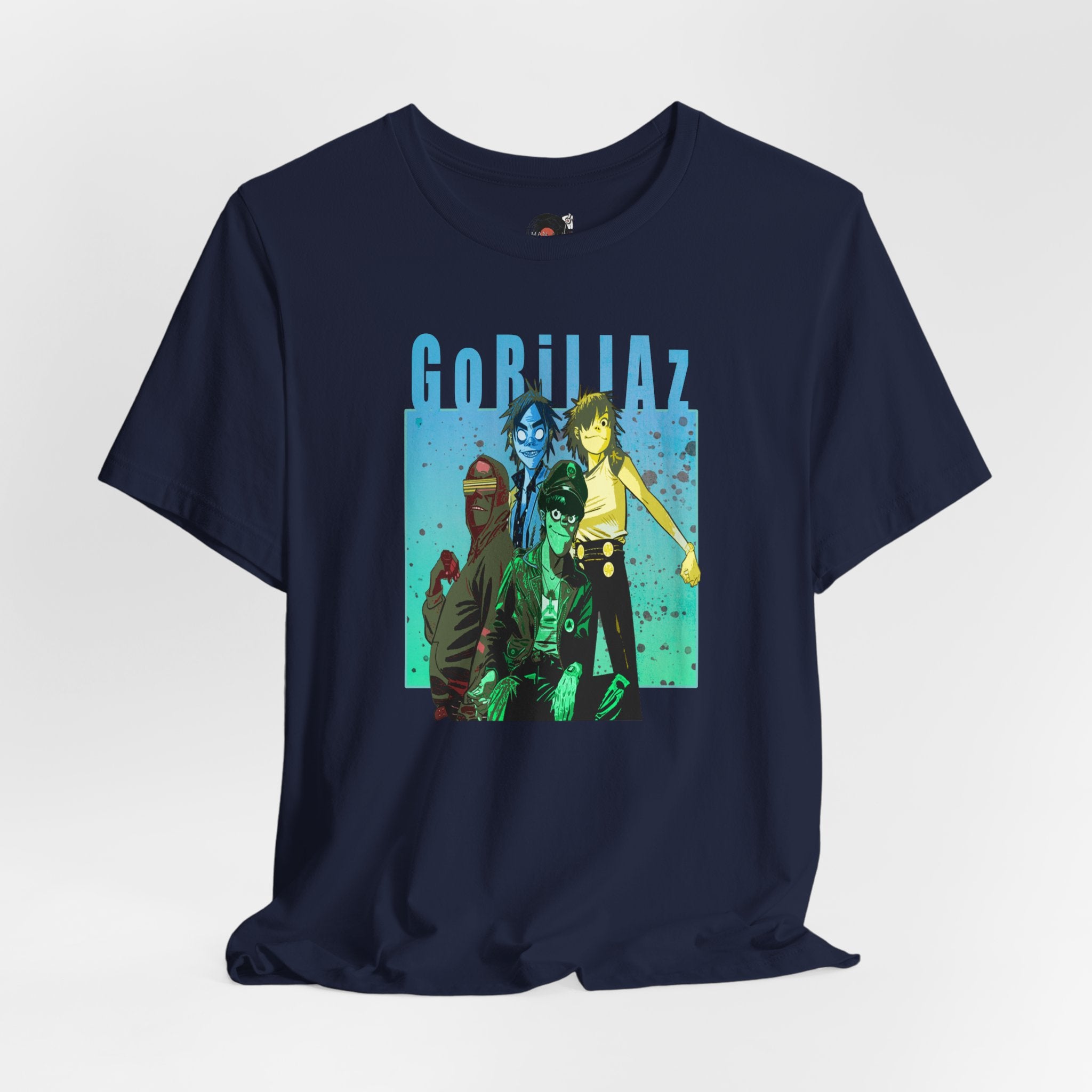 Gorillaz Band Artwork Tee | Animated Band Portrait, Retro Blue-Green Design