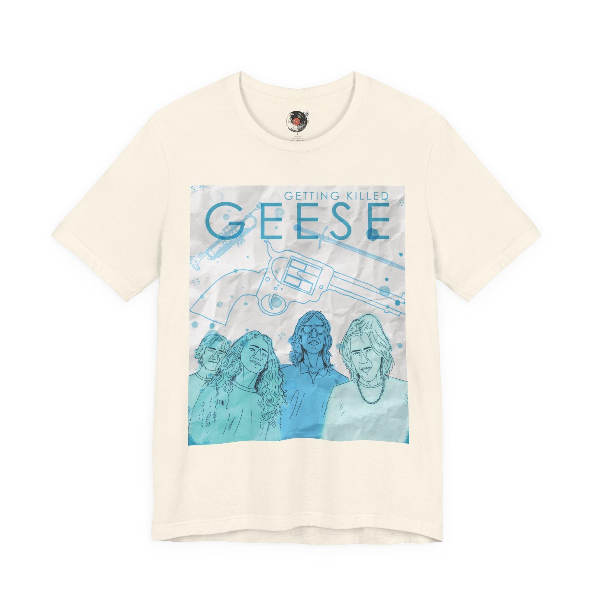 Getting Killed Geese band art T-Shirt | Retro portrait, blue line illustration