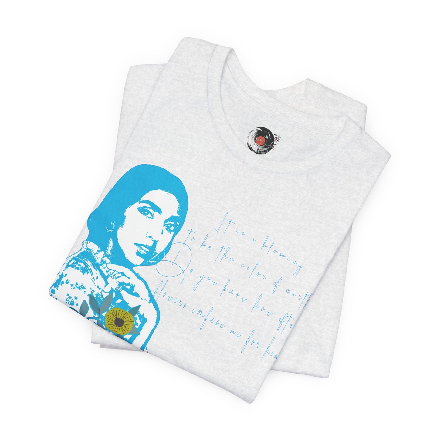 Rupi Kaur Blue Portrait with Sunflowers T-Shirt | Retro Pop Art PoetryTee