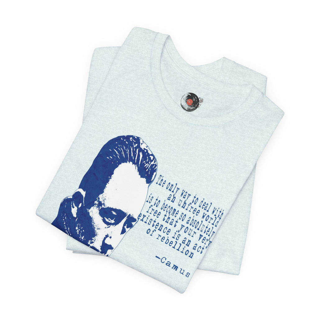 Albert Camus Philosopher Portrait Quote T-Shirt | Blue Graphic Tee