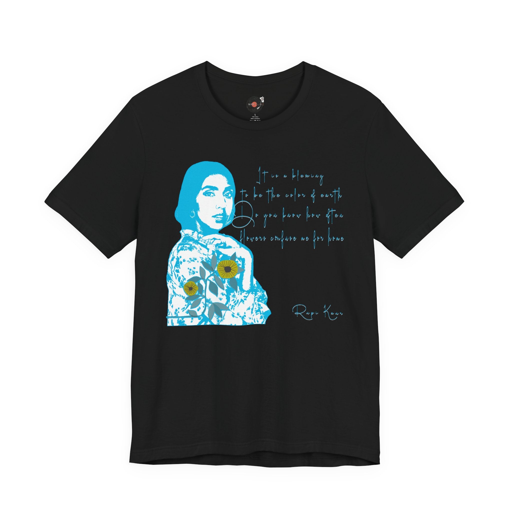 Rupi Kaur Blue Portrait with Sunflowers T-Shirt | Retro Pop Art PoetryTee