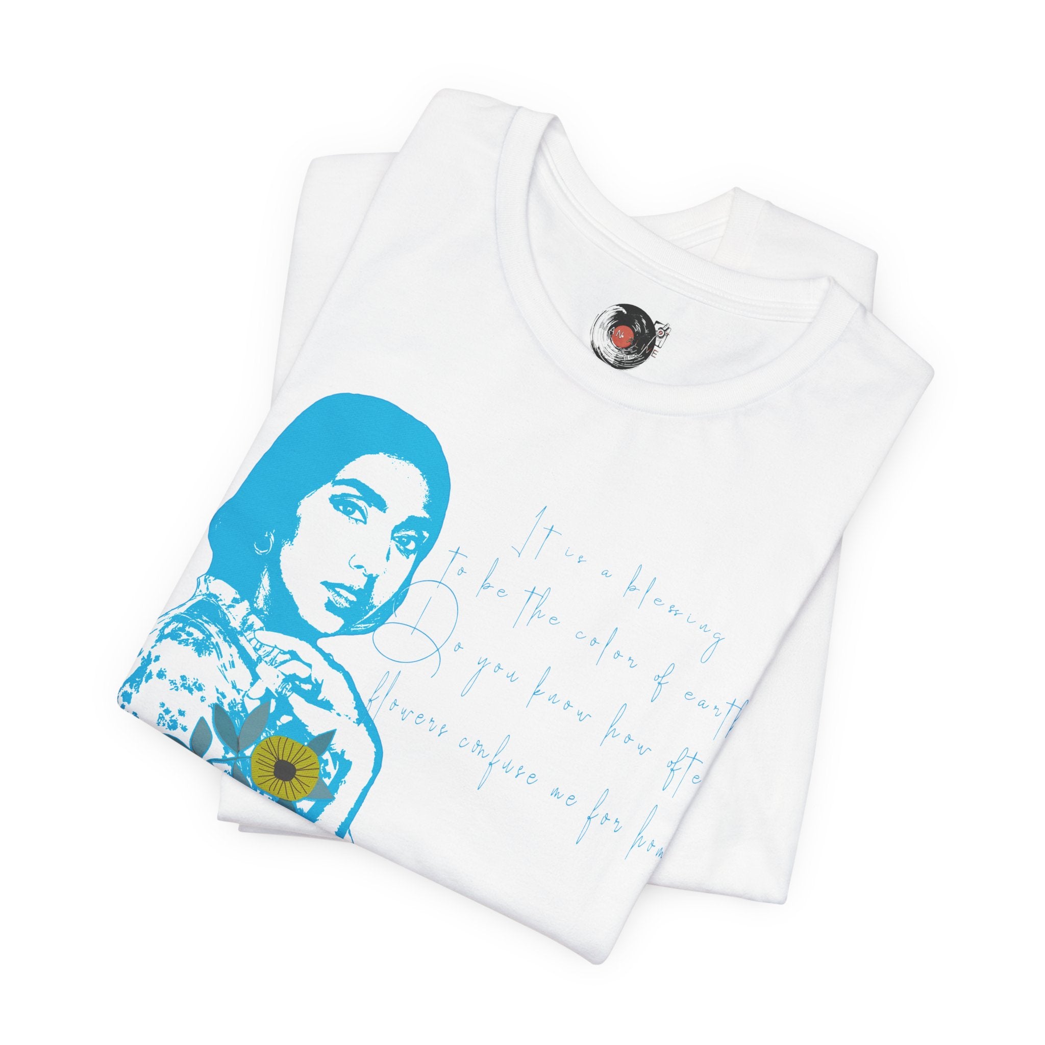 Rupi Kaur Blue Portrait with Sunflowers T-Shirt | Retro Pop Art PoetryTee