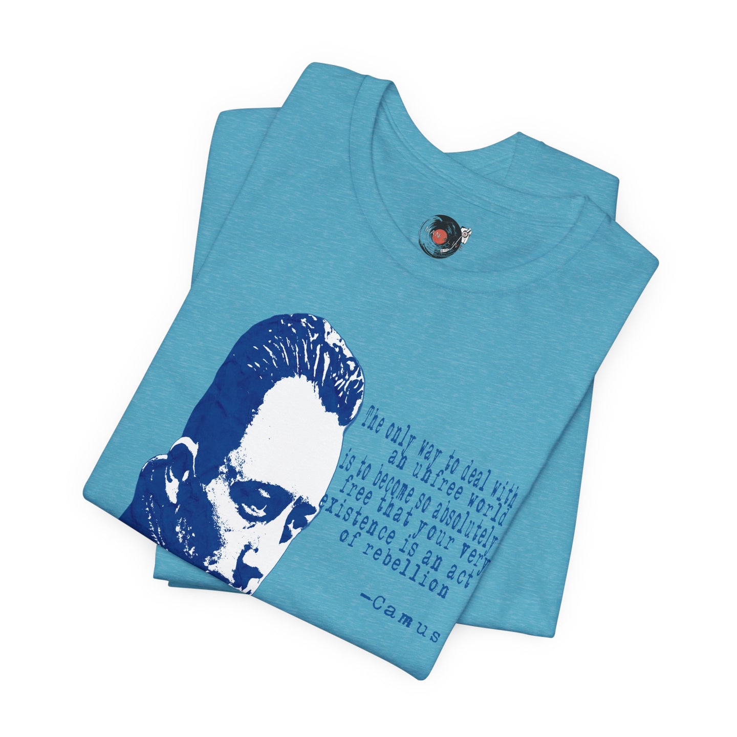 Albert Camus Philosopher Portrait Quote T-Shirt | Blue Graphic Tee