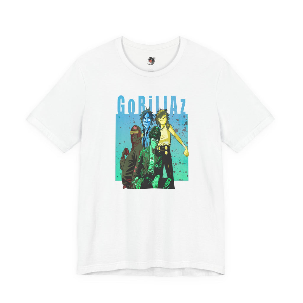 Gorillaz Band Artwork Tee | Animated Band Portrait, Retro Blue-Green Design