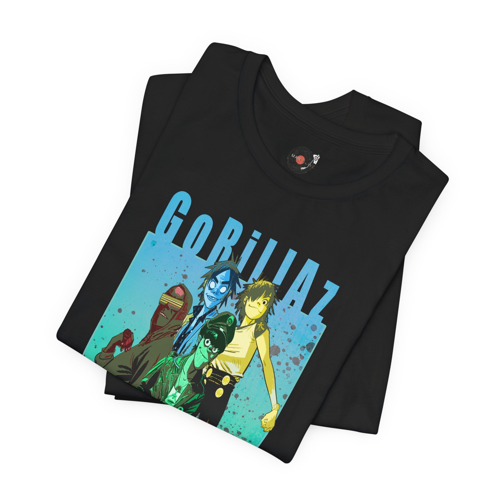 Gorillaz Band Artwork Tee | Animated Band Portrait, Retro Blue-Green Design