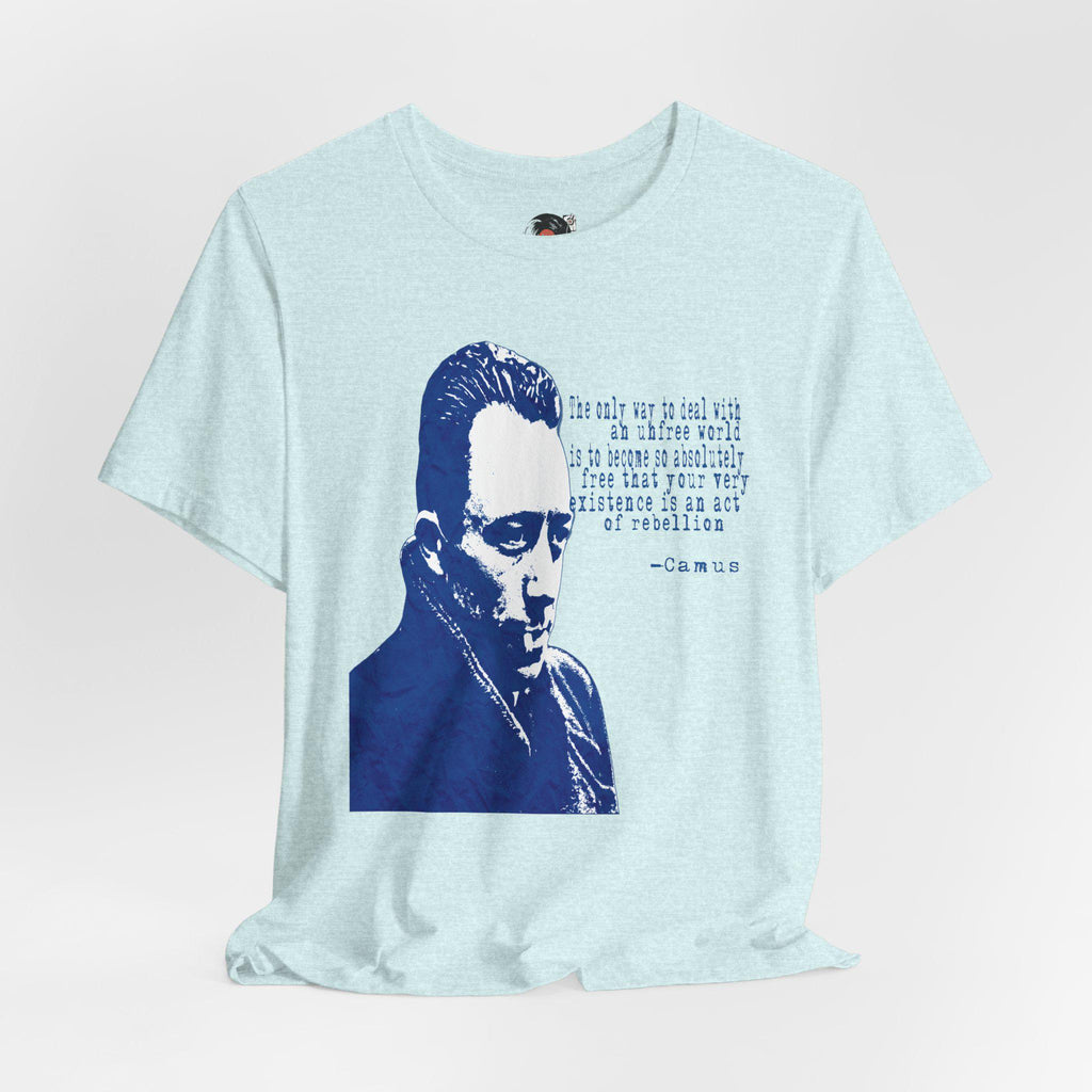 Albert Camus Philosopher Portrait Quote T-Shirt | Blue Graphic Tee