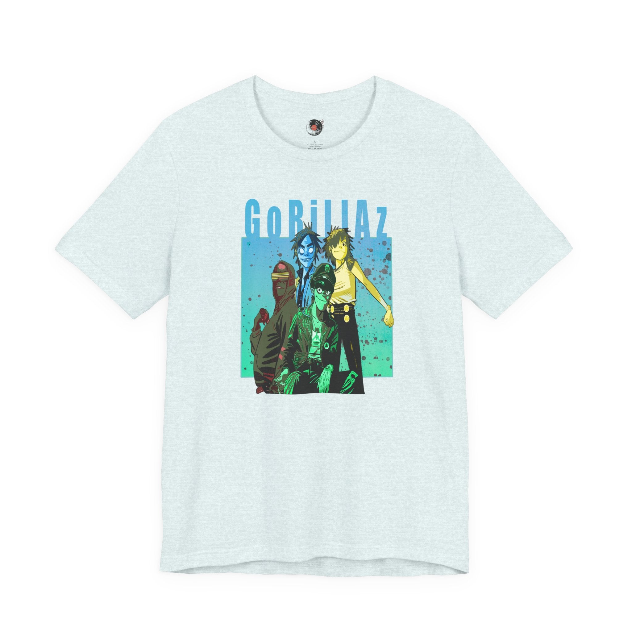 Gorillaz Band Artwork Tee | Animated Band Portrait, Retro Blue-Green Design