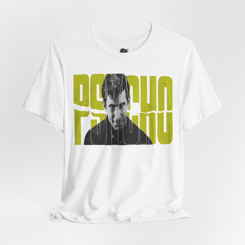 Psycho Norman Bates Portrait Graphic T-Shirt | Alfred Hitchcock Movie Yellow Block Lettering