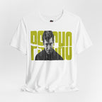 Psycho Norman Bates Portrait Graphic T-Shirt | Alfred Hitchcock Movie Yellow Block Lettering